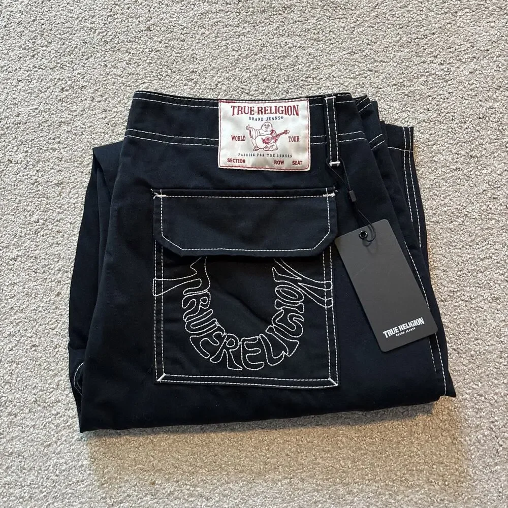 True Religion Men's Cargo Pants Jet Black White Stitching Size 36 Flap Pockets